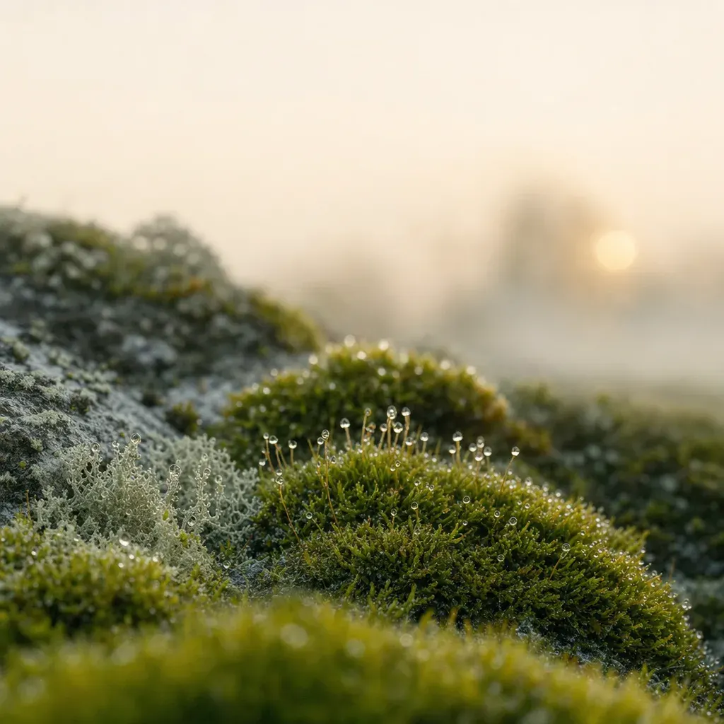 Moos mit Tautropfen im Morgenlicht